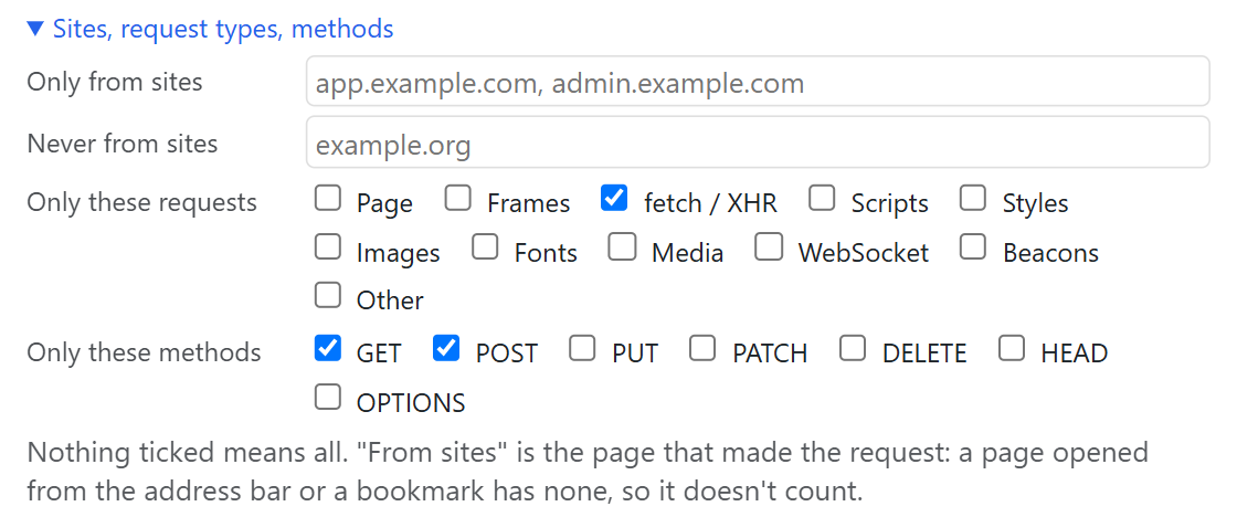 Filters for a profile: only from some sites, only fetch and XHR requests, only GET and POST.