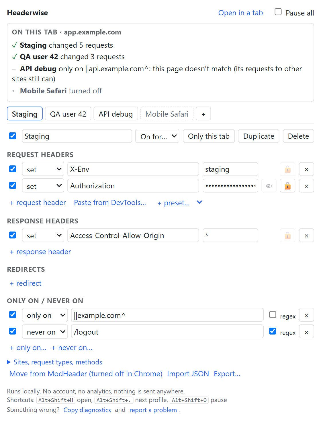 The Headerwise popup: a Staging profile with an X-Env header, a hidden Authorization token and a CORS response header, and a summary of what changed on the current tab.