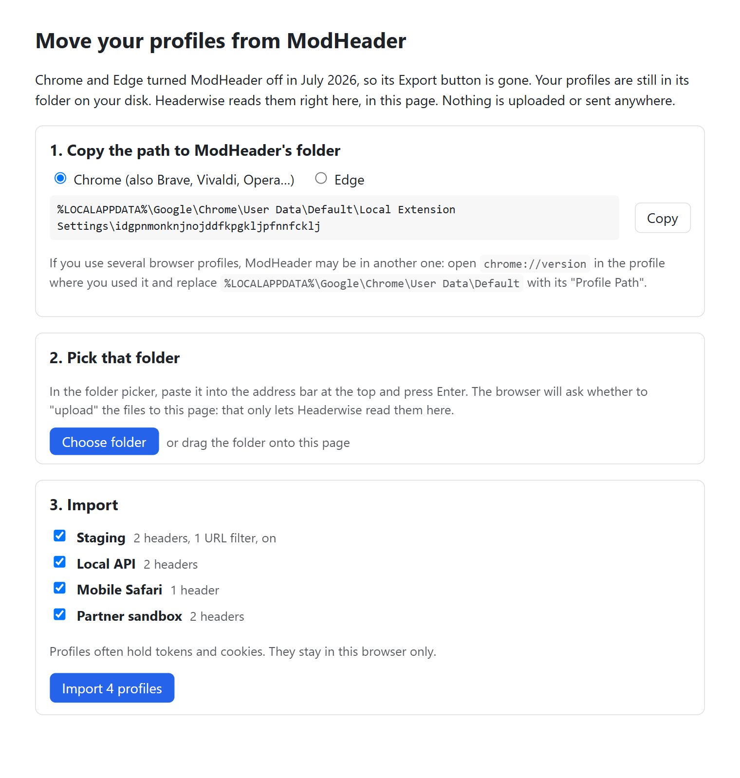 The Move from ModHeader page: copy the folder path, pick the folder, and import four profiles found in it.