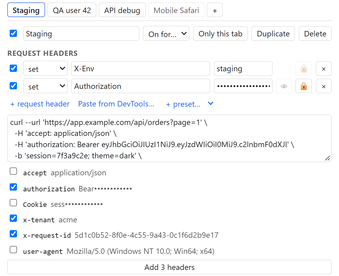 A pasted cURL command turned into a list of headers to add, with the token and cookie values hidden.
