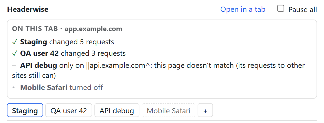 On this tab: Staging changed 5 requests, QA user 42 changed 3 requests, API debug only applies to api.example.com, Mobile Safari is turned off.